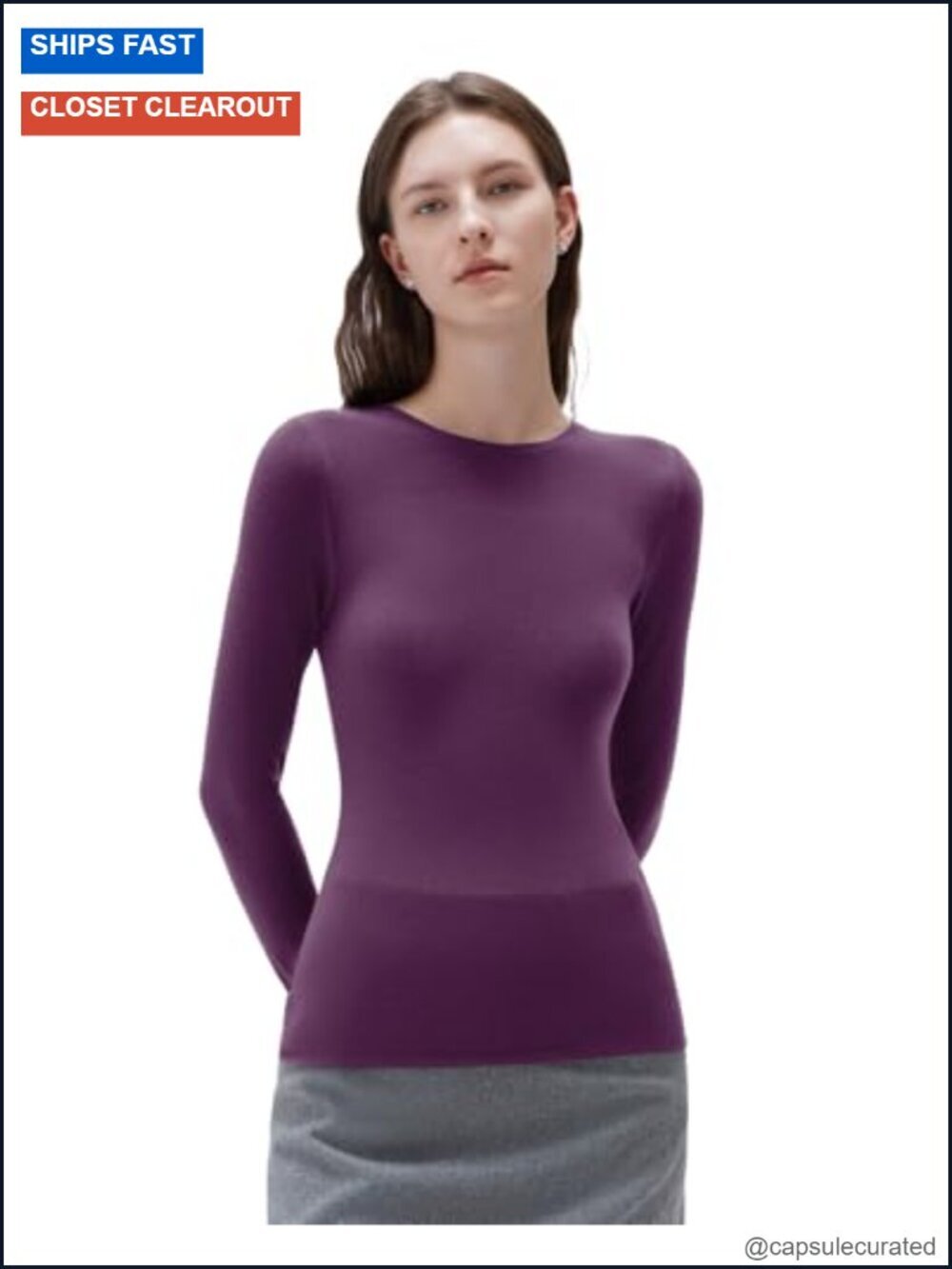 Cloud Cashmere Crew Neck Fitted Long Sleeve Knit T-Shirt